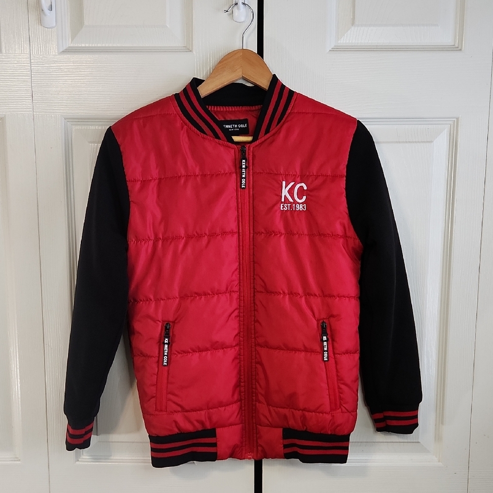 Kenneth Cole Boys Red Black Varsity Puffer Coat Size 14/16 Bomber Logo‎ Pockets